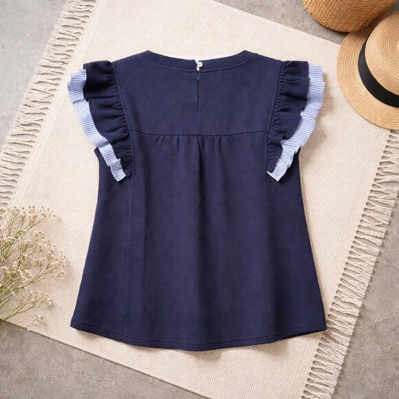 VOY Blouse Womens Size M Navy Textured Knit Ruffle Trim Sleeveless Top - Picture 3 of 5